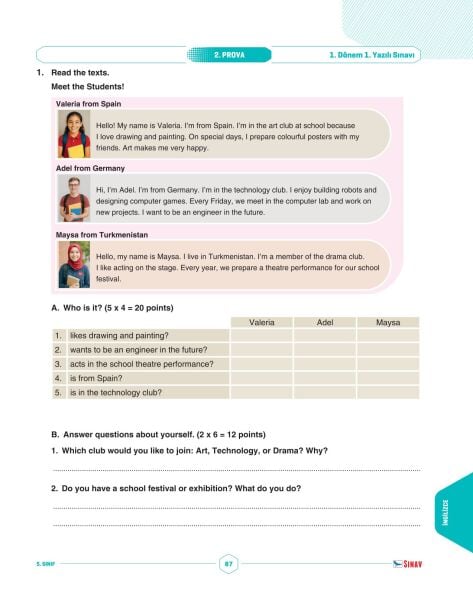 Sınav Yayınları 5. Sınıf Tüm Dersler 1. Dönem 1. Yazılı Kitabı