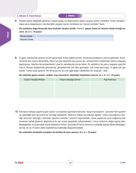 Sınav Yayınları 8. Sınıf Tüm Dersler 1. Dönem 1. Yazılı Kitabı