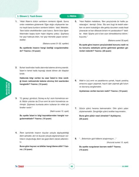 Sınav Yayınları 10. Sınıf Tüm Dersler 1. Dönem 1. Yazılı Kitabı