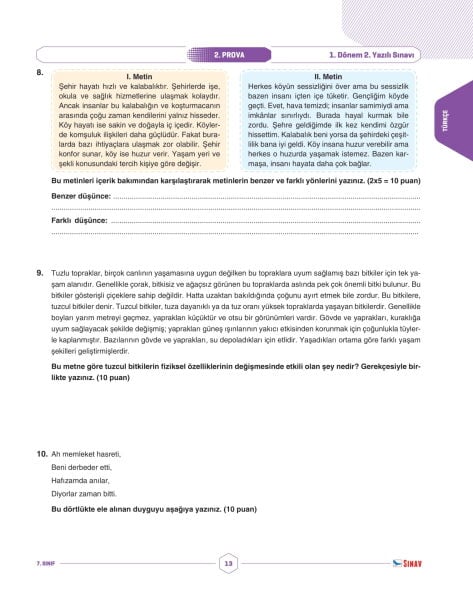 Sınav Yayınları 7. Sınıf Tüm Dersler 1. Dönem 2. Yazılı Kitabı