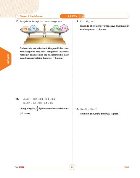 Sınav Yayınları 7. Sınıf Tüm Dersler 1. Dönem 2. Yazılı Kitabı